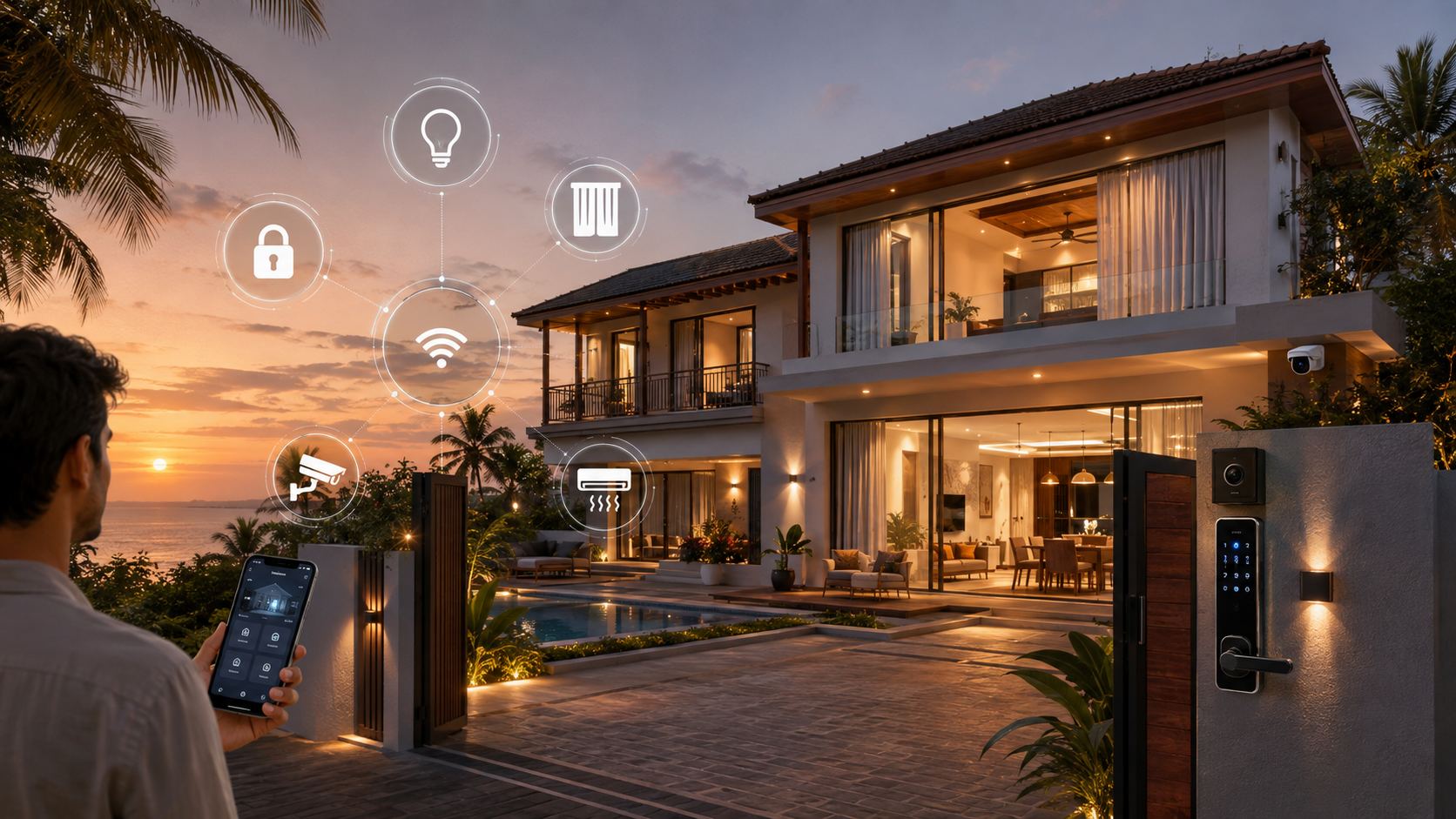 Smart home automation for a Goa villa — controlling lighting, locks, curtains and CCTV from a smartphone